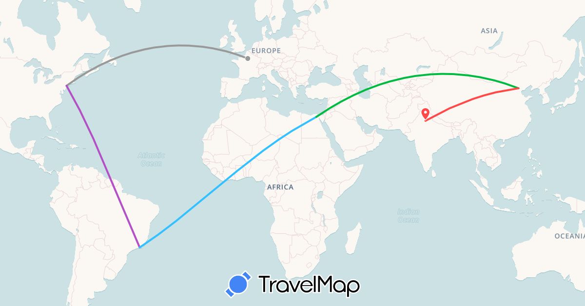 TravelMap itinerary: driving, bus, plane, train, hiking, boat in Brazil, China, Egypt, France, India, United States (Africa, Asia, Europe, North America, South America)